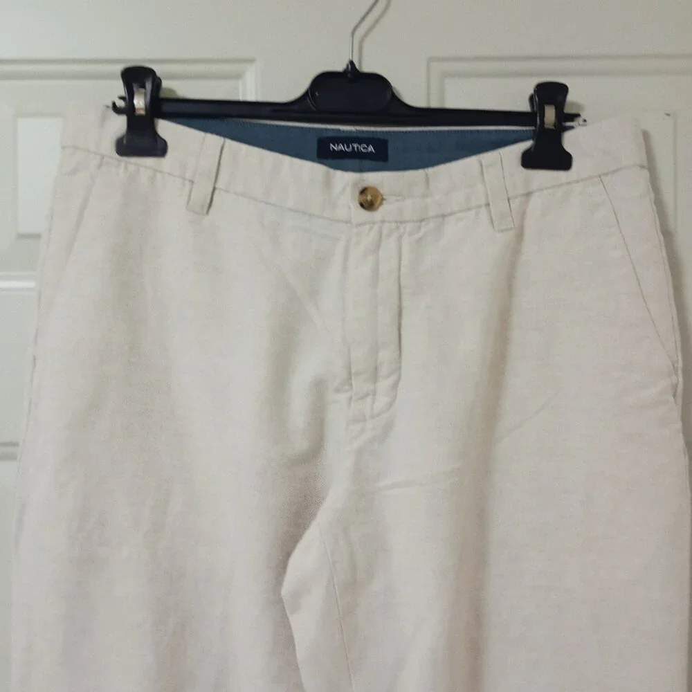 Nautica Pants Mens 34Wx30L Linen Blend Classic Fit Straight Flat Beige